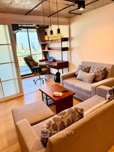 Modern living room with city view, stylish furniture, and cozy ambiance.