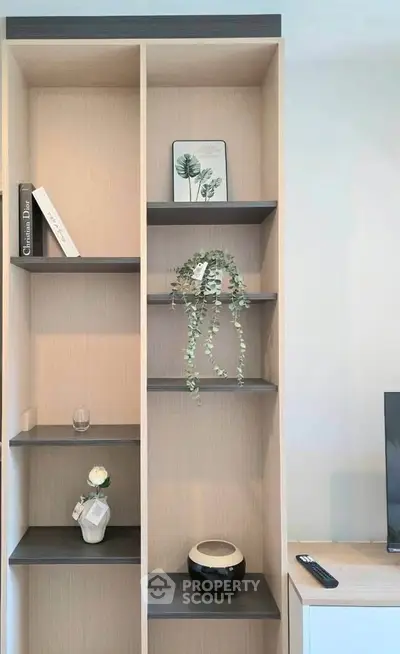 Modern living room with stylish shelving and decor accents