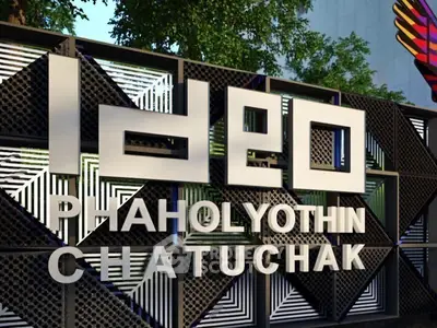 Modern architectural signage of Ideo Phaholyothin Chatuchak with geometric design elements.