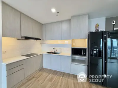 Modern kitchen with sleek cabinetry and built-in appliances in a high-rise apartment.