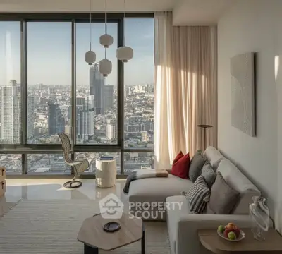 Luxurious living room with panoramic city view, modern furniture, and elegant decor in high-rise apartment.