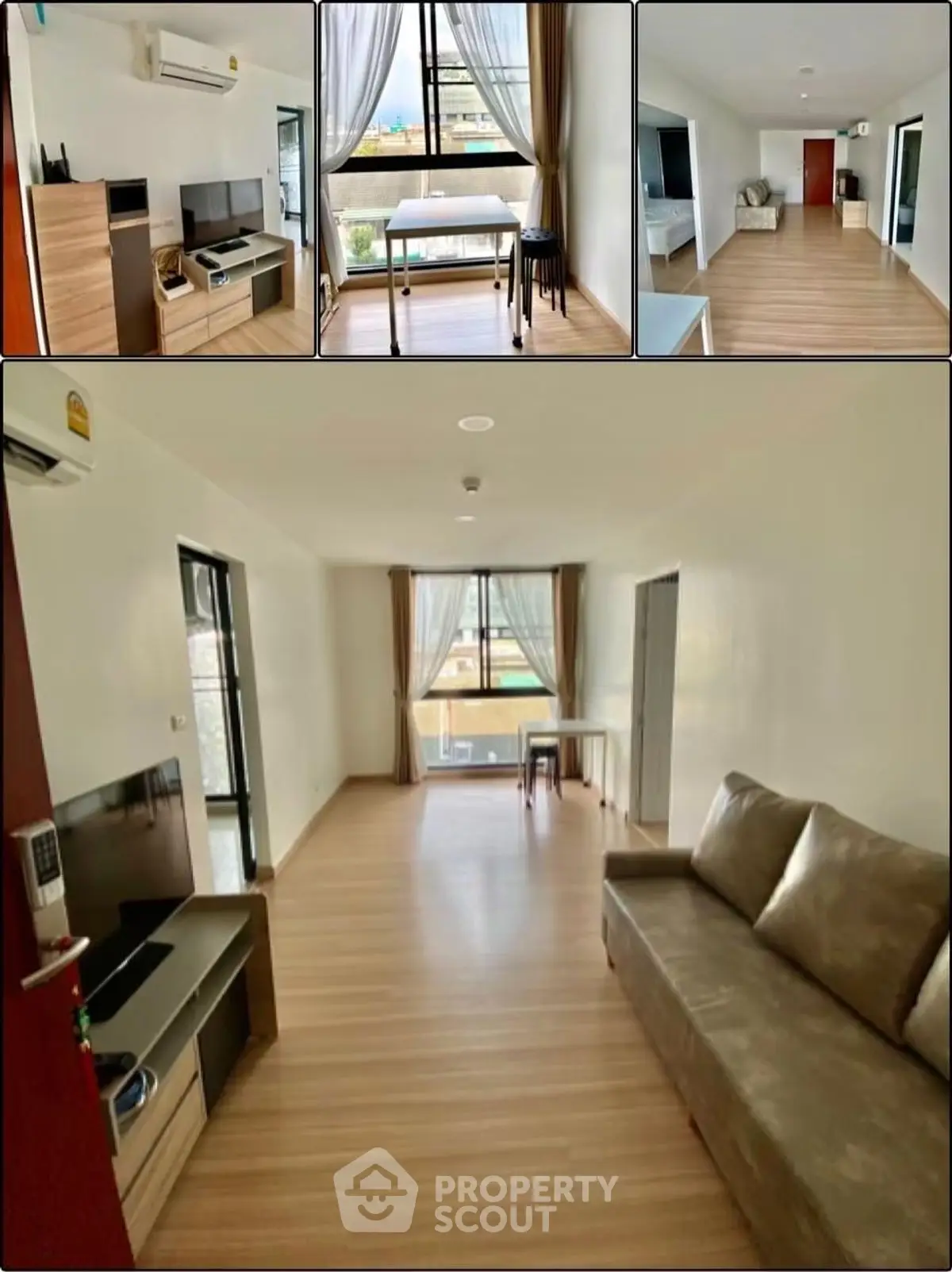 Spacious modern living room with wooden flooring and stylish furniture in a bright apartment.