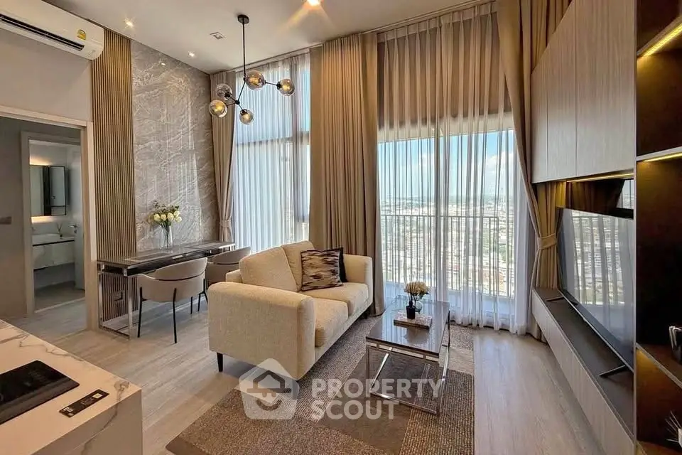 Luxurious modern living room with stunning city view and elegant decor