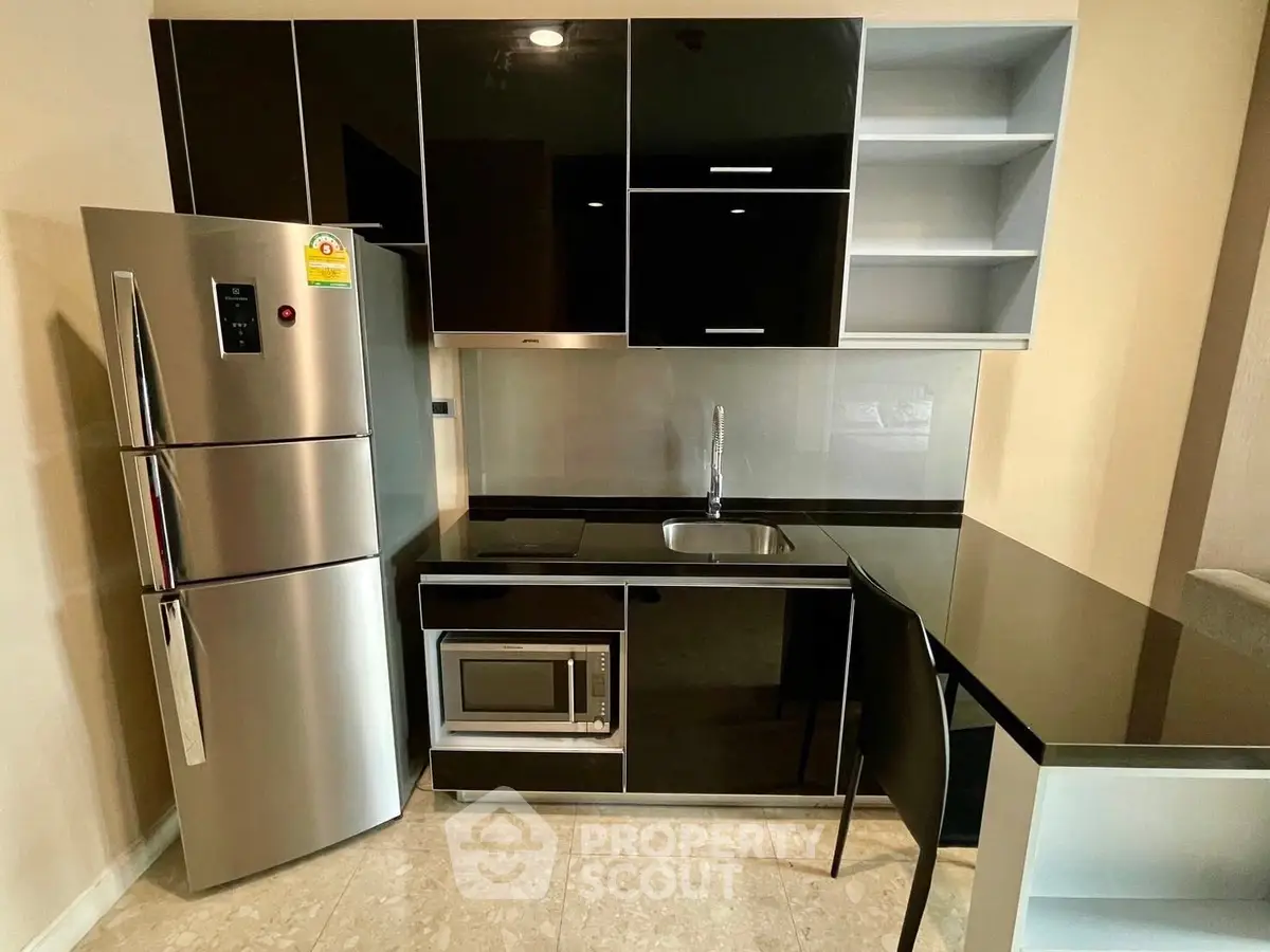 Modern kitchen with sleek black cabinets and stainless steel appliances