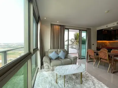 Luxurious living room with panoramic view and elegant decor in modern apartment