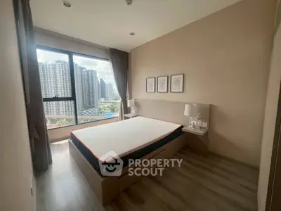 Modern bedroom with city view and stylish decor