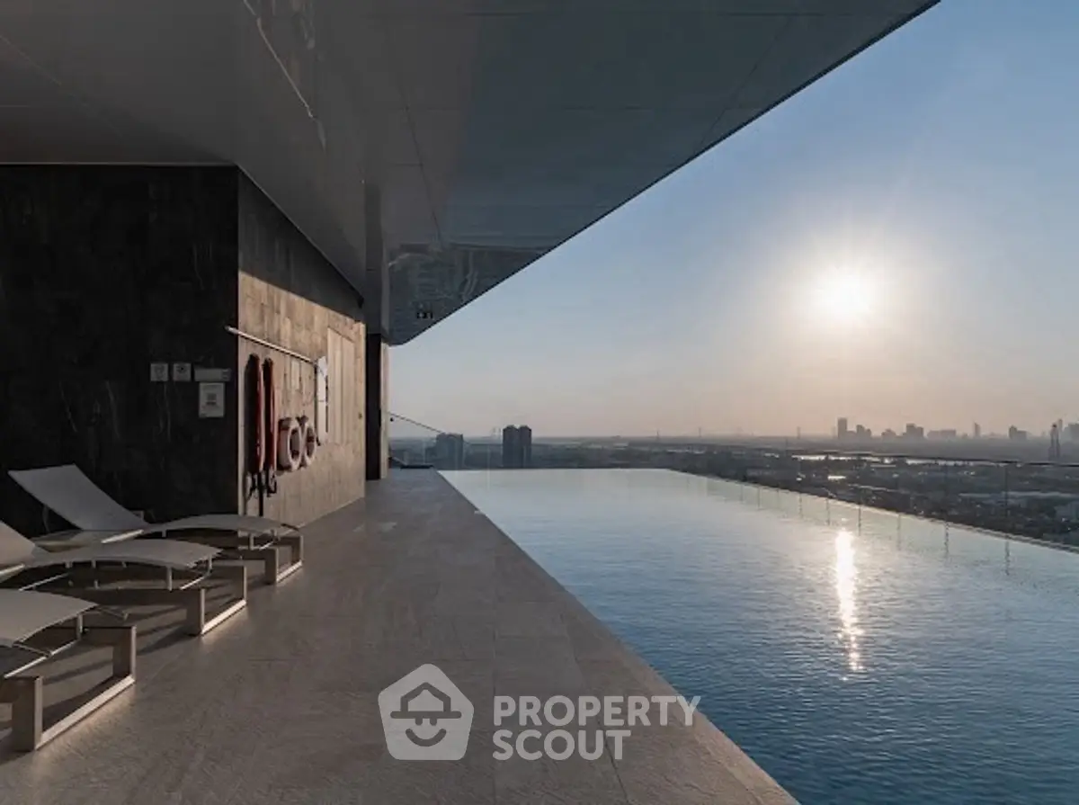 Luxurious rooftop infinity pool with stunning city skyline view at sunset.