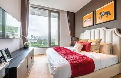 Luxurious bedroom with stunning city view and elegant decor