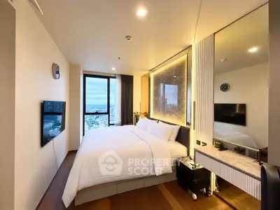 Luxurious bedroom with stunning city view and modern decor