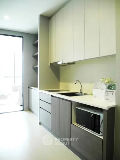 Modern kitchen with sleek cabinetry and built-in microwave, featuring a minimalist design and ample natural light.