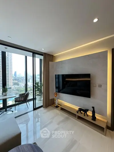 Modern living room with city view and stylish decor