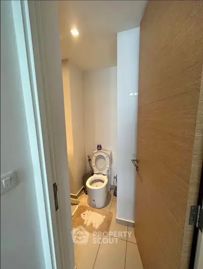 Modern bathroom with sleek design and wooden door