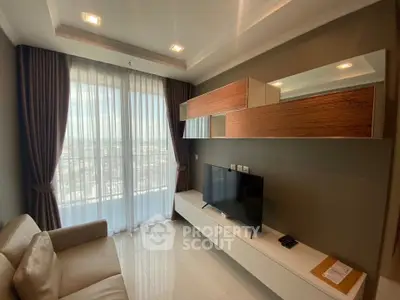 Modern living room with sleek furniture and panoramic city view