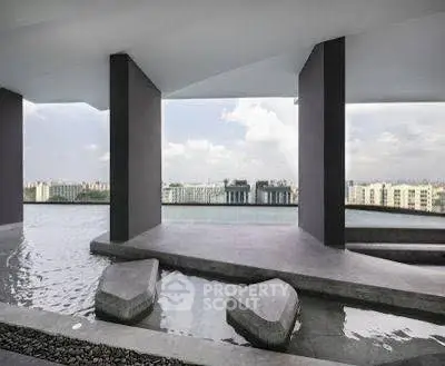 Modern architectural design with water feature and cityscape view