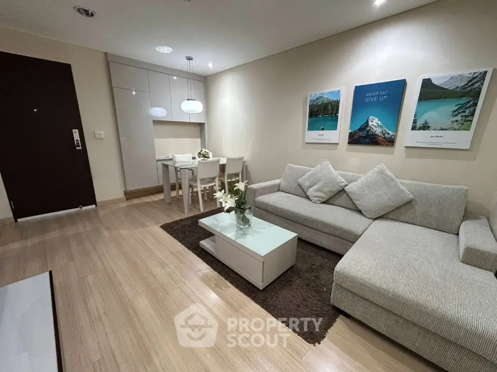 Modern living room with stylish decor and cozy seating area