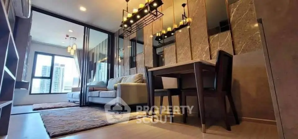 Luxurious modern living room with elegant lighting and city view, perfect for urban living.