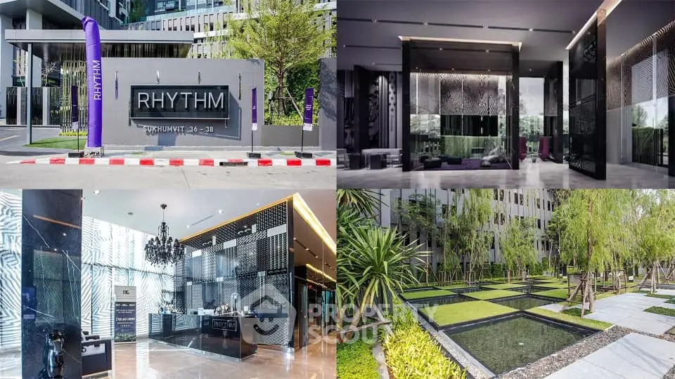Luxurious modern condominium with elegant lobby, lush garden, and stylish exterior design.