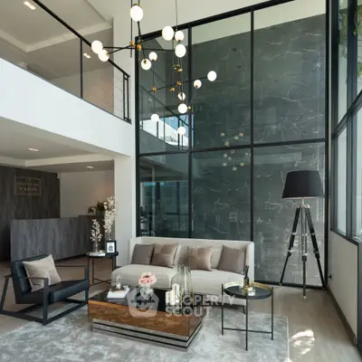 Luxurious modern living room with high ceilings and elegant decor