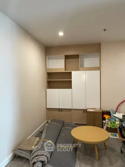 Modern living room with built-in shelving and cozy decor