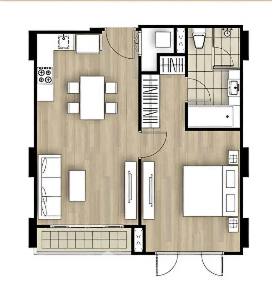 Modern apartment floor plan with open kitchen and spacious living area.