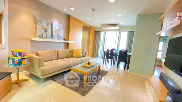 Spacious modern living room with elegant decor and dining area