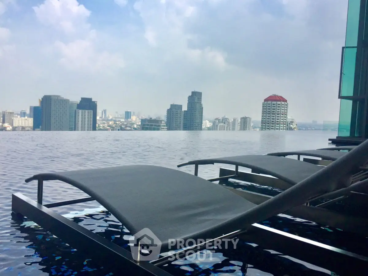 Luxurious rooftop infinity pool with stunning city skyline view, perfect for relaxation and urban living.