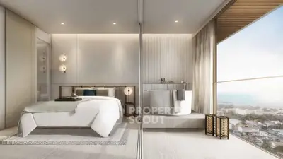 Luxurious bedroom with stunning ocean view and elegant bathtub