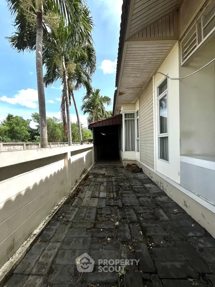 Charming exterior view of a single-story home with a paved walkway and lush palm trees.