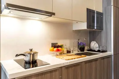 Modern kitchen with sleek cabinetry, induction cooktop, and stylish decor in a contemporary apartment.