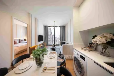 Modern apartment interior with open kitchen, dining area, and living room featuring city view.