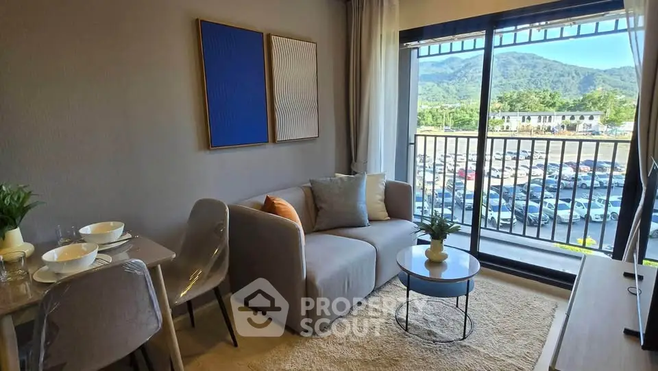 Modern living room with mountain view and stylish decor