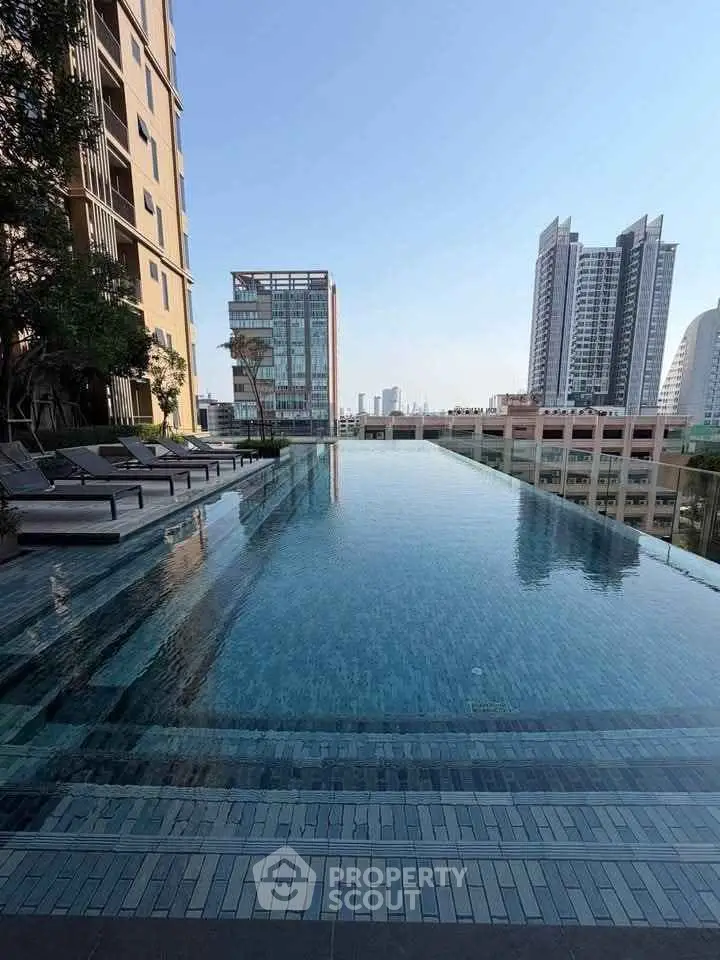 Luxurious rooftop infinity pool with stunning city skyline views in modern high-rise building.
