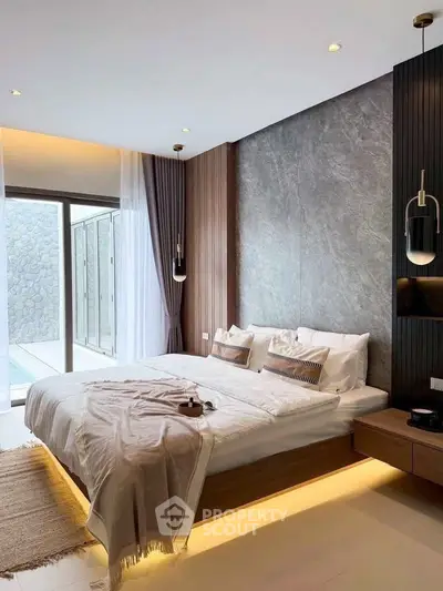Luxurious modern bedroom with pool view and elegant lighting