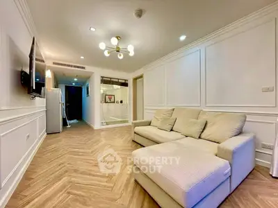 Modern living room with elegant lighting and cozy sofa in a stylish apartment