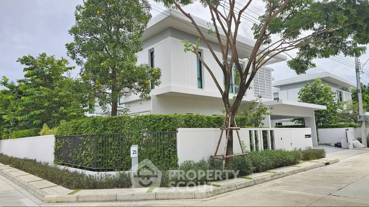 Modern white house with lush greenery and sleek design in a serene neighborhood.