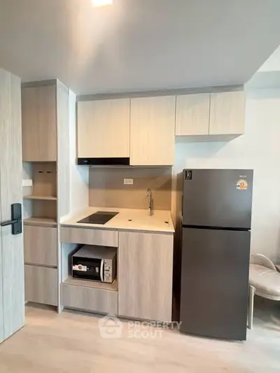 Modern compact kitchen with sleek cabinetry and appliances in a stylish apartment.