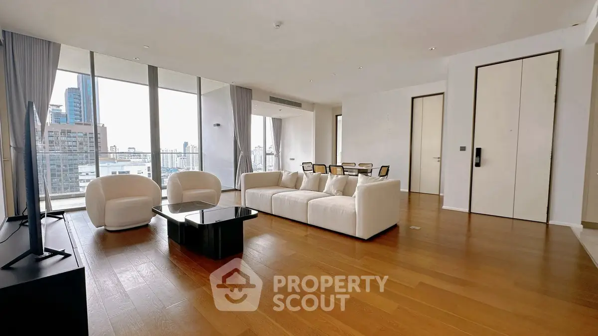 Spacious modern living room with floor-to-ceiling windows and city view