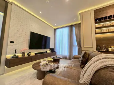 Luxurious living room with modern decor and ambient lighting