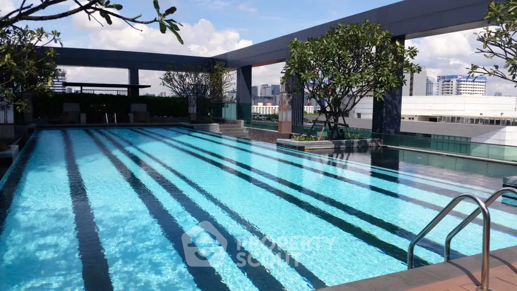 Luxurious rooftop pool with city skyline views, perfect for relaxation and leisure in a modern urban setting.