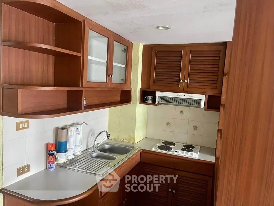 Compact kitchen with wooden cabinets and electric stove in cozy apartment