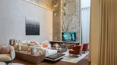 Luxurious modern living room with high ceilings and elegant decor