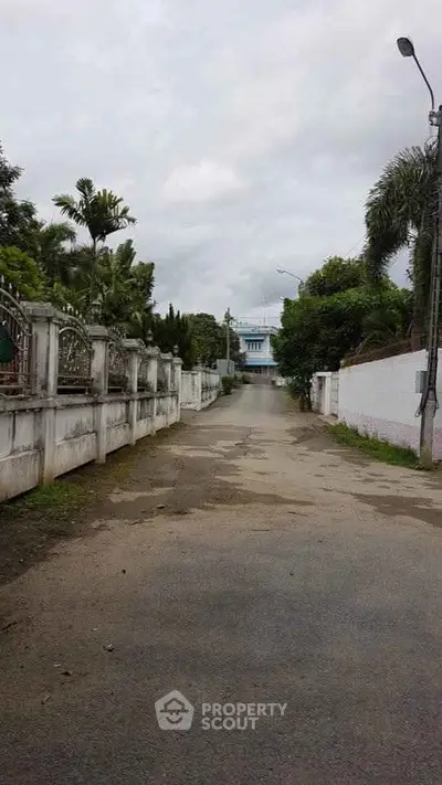 Charming residential street view with lush greenery and distant house