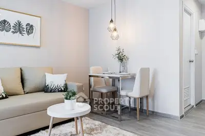 Modern living room with cozy dining area and stylish decor