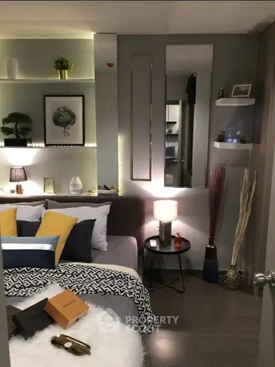 Stylish modern bedroom with cozy decor and ambient lighting