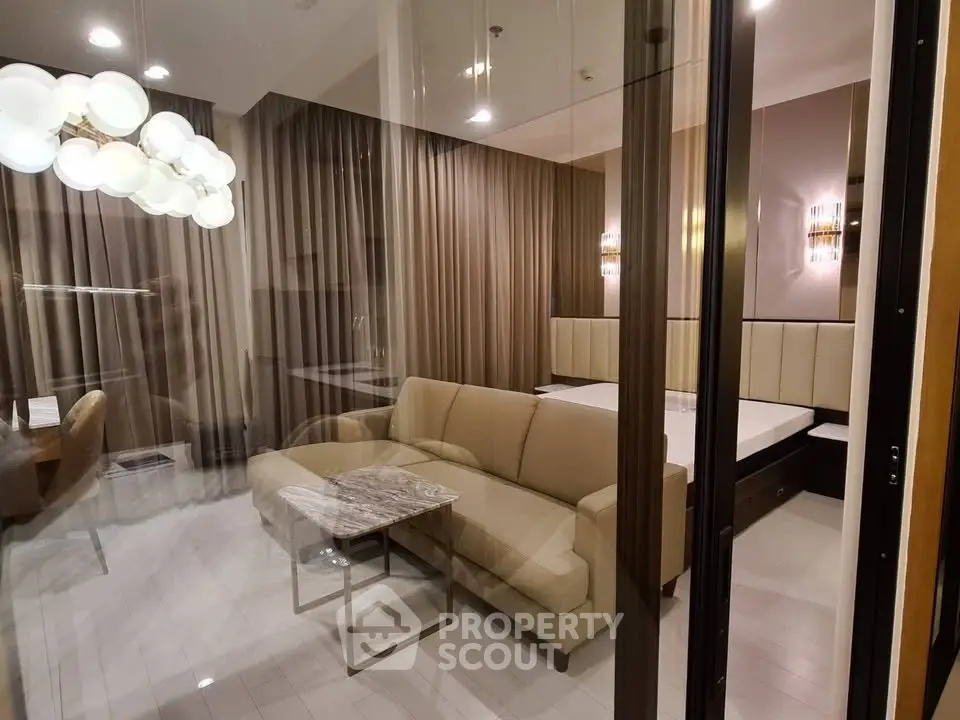 Luxurious modern living room with elegant lighting and stylish furniture