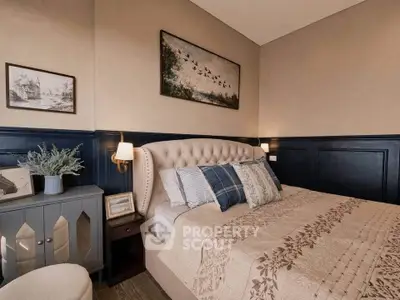 Elegant bedroom with plush bed, stylish decor, and warm lighting creating a cozy atmosphere.