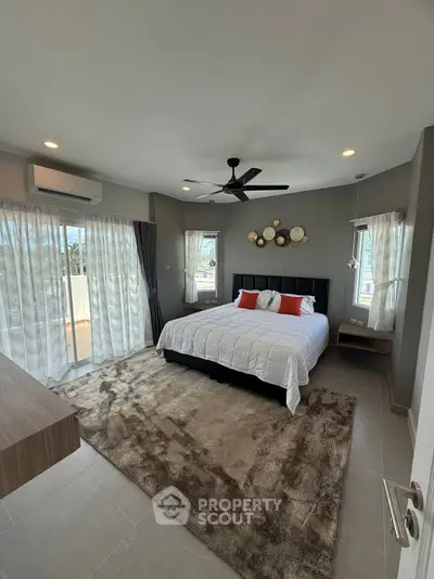 Spacious modern bedroom with large windows and stylish decor