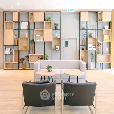 Modern living room with stylish shelving and elegant furniture