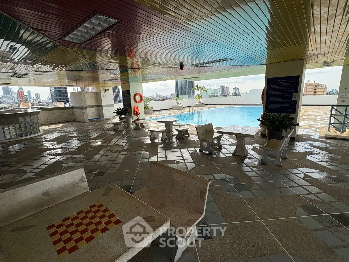 Luxurious rooftop pool area with city views and stylish seating.