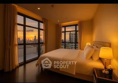 Luxurious bedroom with stunning city skyline view at sunset, featuring elegant decor and large windows.